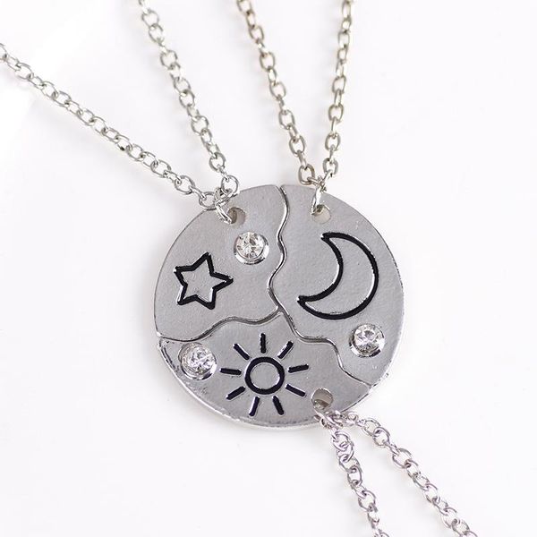 

pendant necklaces 3 pcs/set crystal sun moon star friend rose gold color round jigsaw puzzle necklace bff jewelry gift, Silver