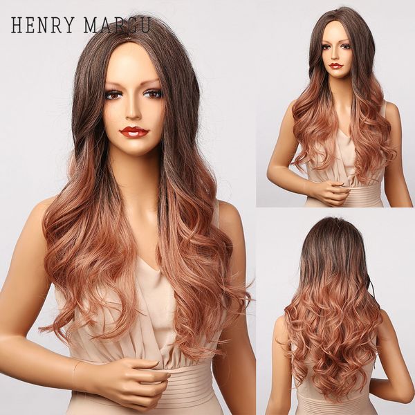 Длинные волнистые омбре коричневые розовые розовые парик косплей партии средняя часть термостойкие волосы синтетический парик для чернокожих женщин афрофакты