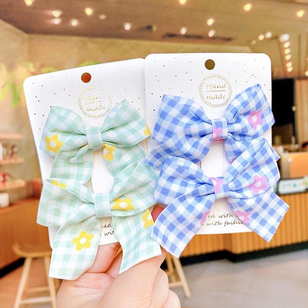 

hair accessories korean children simple cute flower hairpins fashion sweet girl princess fabric plaid bow clips girls 2pcs, Slivery;white