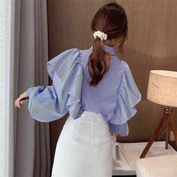 Blusa Mulheres Azul Listrado Mulheres Camisas Blusas Ruffles Blusa Floresces Tops V-pescoço de Manga Longa Mulher Chic Blusa Spring 210507