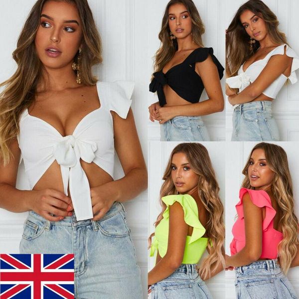 

women's blouses & shirts latest women blouse short ruffled sleeve crop front knot tie ladies casual plain tanks summer bow, White