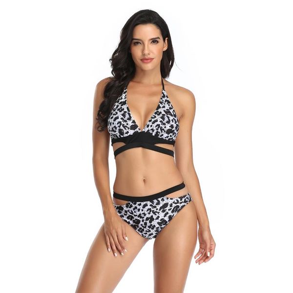 

women's swimwear bikini set leopard printed halter woman hollow out tanga two pieces swimsuit brazilian beachwear biquini, White;black