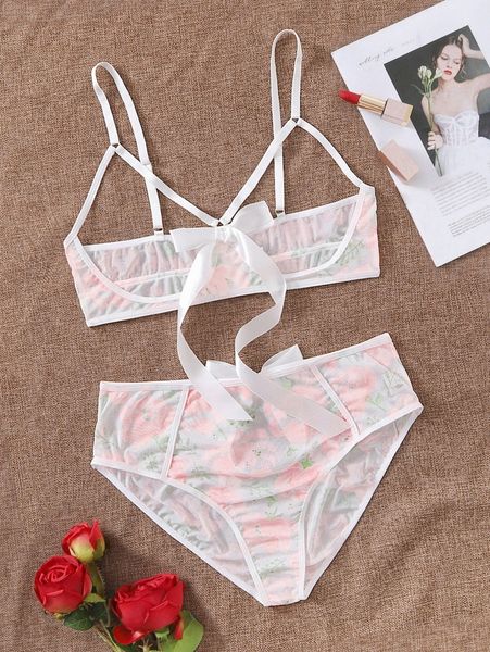 

plus cut out floral print lingerie set r2dq#, Black;white