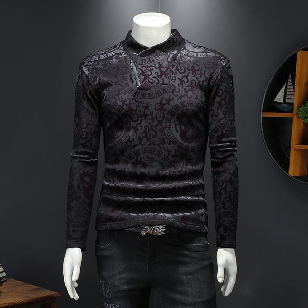 

2023 autumn and winter trend jacquard men's gold velvet printed long-sleeved t-shirts fashion slim thickening warm cotton bottoming sh, White;black