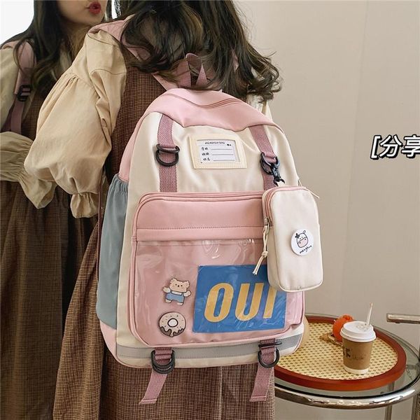 

backpack hit color waterproof nylon 2021 fashion women female multiple pockets contrast travel bag lady's schoolbag