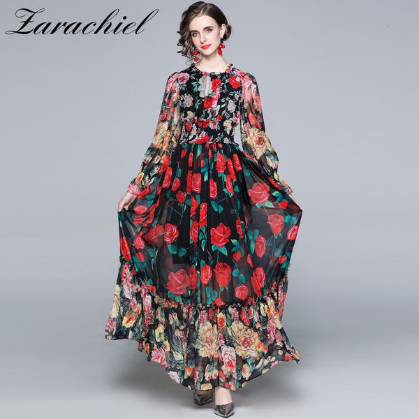 

dresses summer boho beach chiffon maxi women's lantern sleeve charming floral print elastic waist elegant holiday long, Black;gray