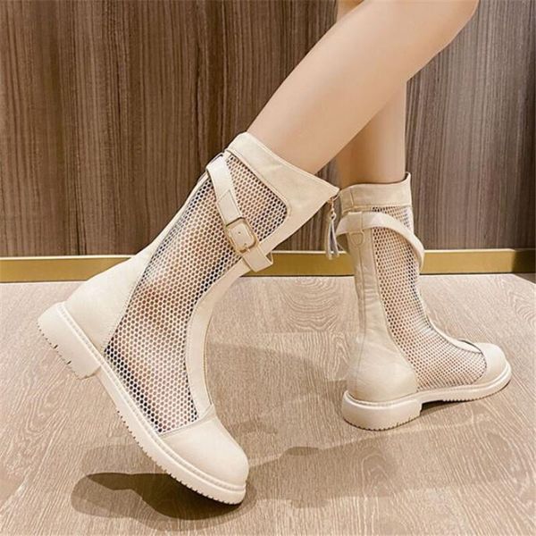 

boots summer net red hollow mesh breathable thin section high tube flat front zipper ladies sandals sho, Black