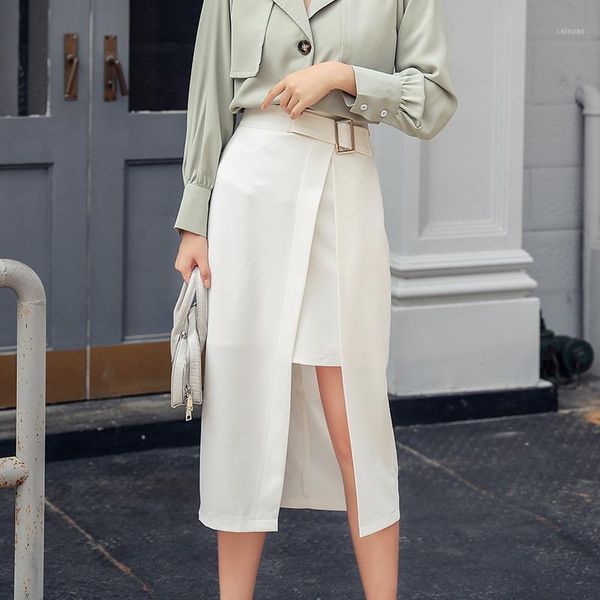 

skirts elegant office lady split women summer high waist a line mid female 2021 casual white bottom skirt faldas, Black
