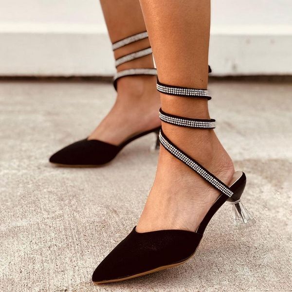 

dress shoes high heels rhinestone fashion buckle studded stiletto sandals summer women pumps point toe ladies, Black