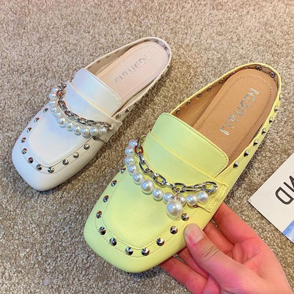 

slippers women 2021 summer shoes for rivet soft pearl chain fashion mullers, Black