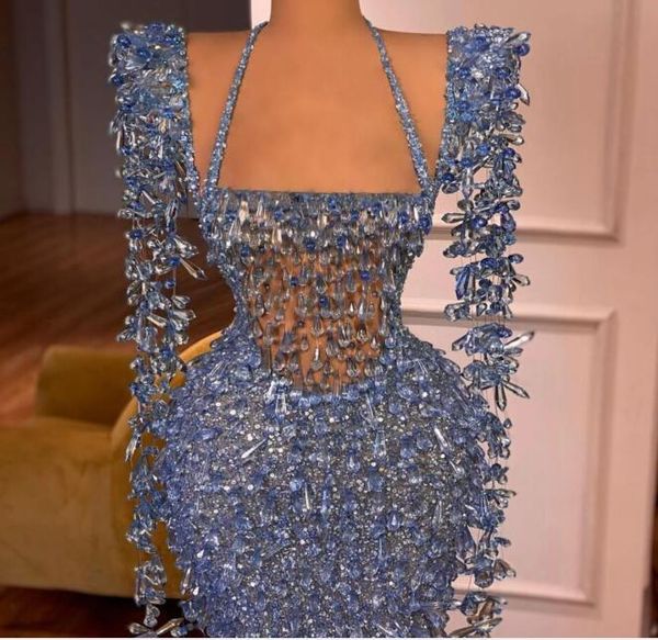 Abendkleid Damenbekleidung Balqeesfathi Nawalelzoghbi Perlen Blaue Hülle Langarm Meerjungfrau Split Yousef aljasmi Myriam Fares Kim Kardashian