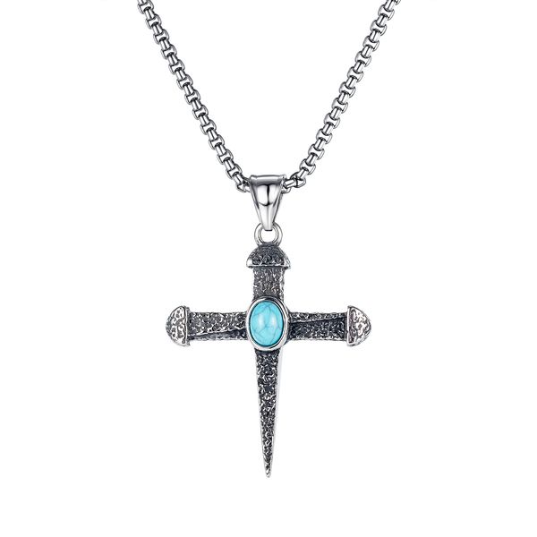 

cross necklaces chain pendants for mens sliver punk blue turquoise men jewelry to boys birthday gifts, Silver