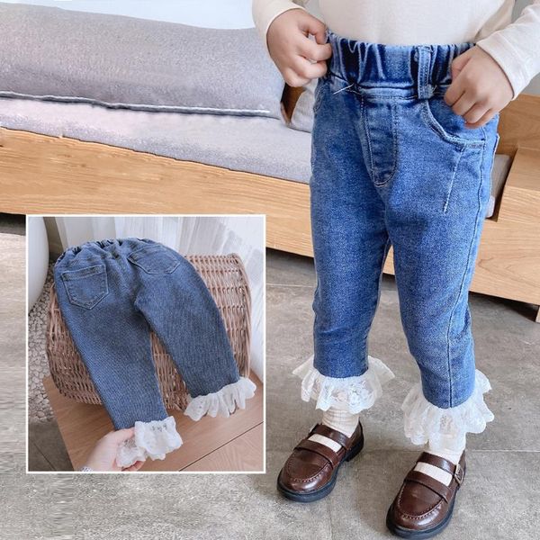 

lovely lace patchwork kids girls jeans 2021 spring autumn high elasic princess denim pants 2-7 children trousers, Blue
