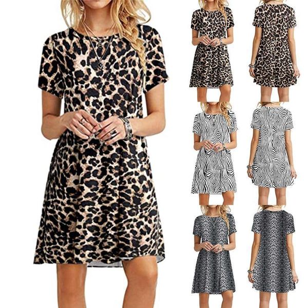 

casual dresses women sumemr short sleeve o-neck printing ladies fashion plus size loose mini dress daily robe femme 202, Black;gray