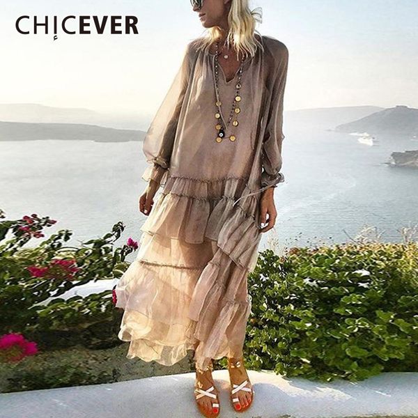 

chicever spring patchwork ruffles womens dresses v neck petal sleeve loose perspective holiday dress fashion clothes tide, Black;gray
