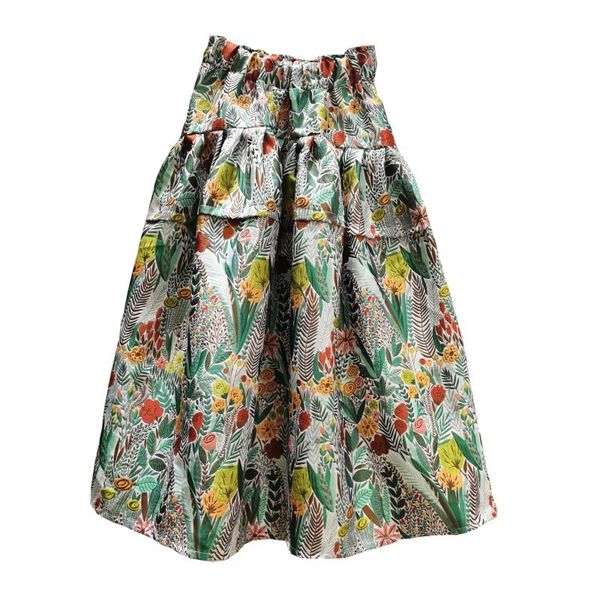 [Ewq] plissado tutu saia cintura alta jacquard vestido de baile saias na moda roupas primavera flor vintage flor roupa 16w540 210423