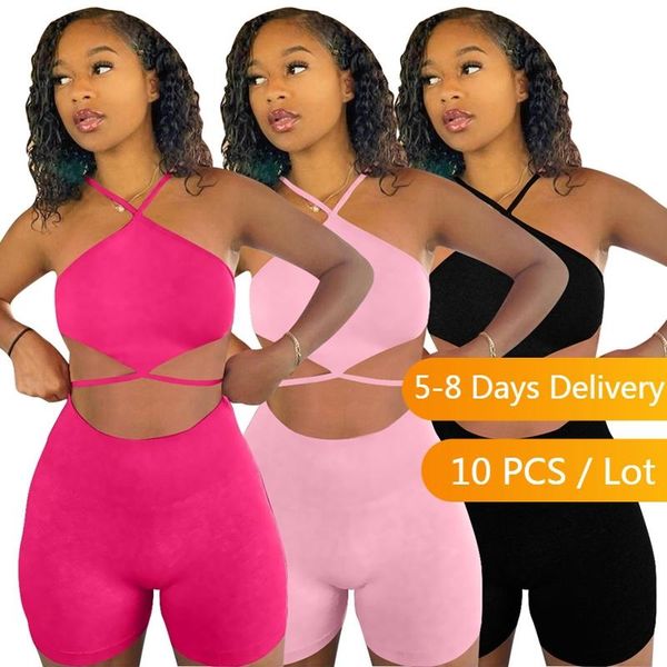 

women's tracksuits wholesale clothes bodycon outfits for women summer bandage halter co ord set clubwear solid skinny biker shorts 2 pi, Gray