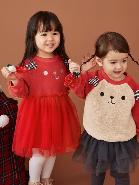 

toddler girls cartoon embroidery 3d ear mesh overlay dress she, Red;yellow