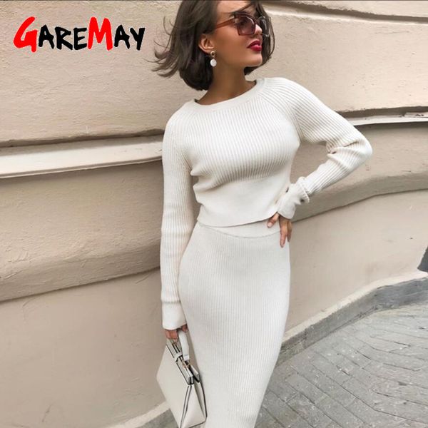 

knitting pullover and skirt two piece set women slim fit cropped autumn elegant sweater skirts 2 sets 210428, White