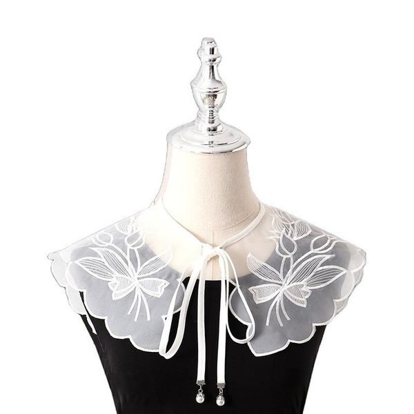 

bow ties mesh white lapel fake collar for women floral embroidery false neck shawl wrap detachable shirt, Black;gray