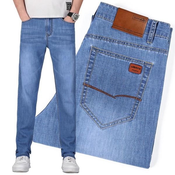

men's jeans classic style summer men thin light blue 2021 business casual fashion elastic straight denim pants male brand trousers
