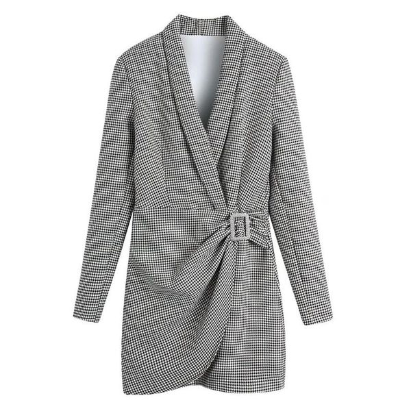 

casual dresses women 2022 fashion houndstooth wrapped blazer style mini dress retro long sleeve knotted streetwear, Black;gray
