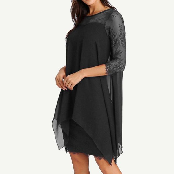 

casual dresses solid dress women chiffon three quarter sleeve lace o collar irregular hollow out midi kleider damen #g3, Black;gray