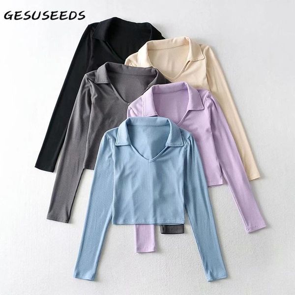 

women's t-shirt long sleeve shirt women elegant t vintage knitted cropped solid turn down collar shirts black ribbed blue 2021, White