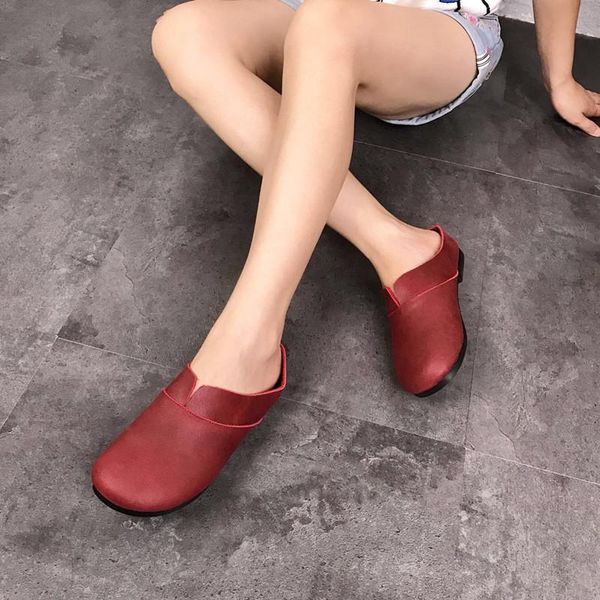 

slippers women genuine leather home house indoor non slip round toe retro flip flops casual ladies, Black