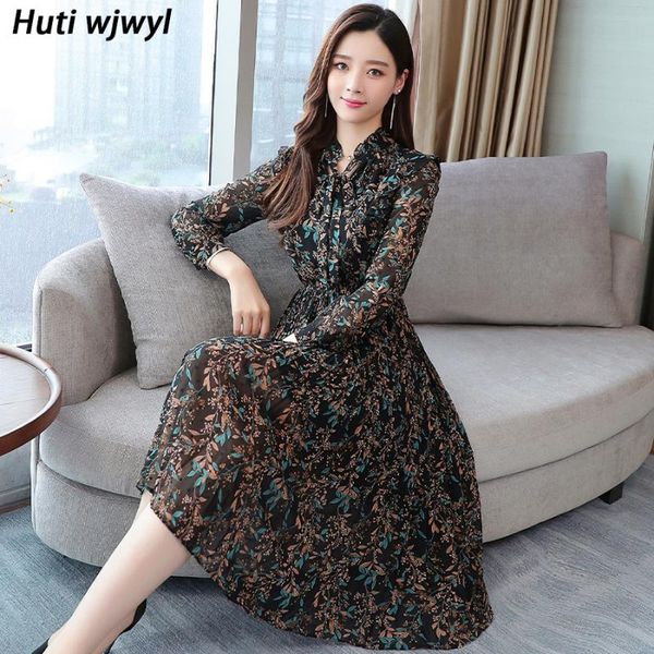 

plus size chiffon midi dress 2021 vintage spring autumn print casual long sleeve elegant women bodycon party vestidos dresses, Black;gray