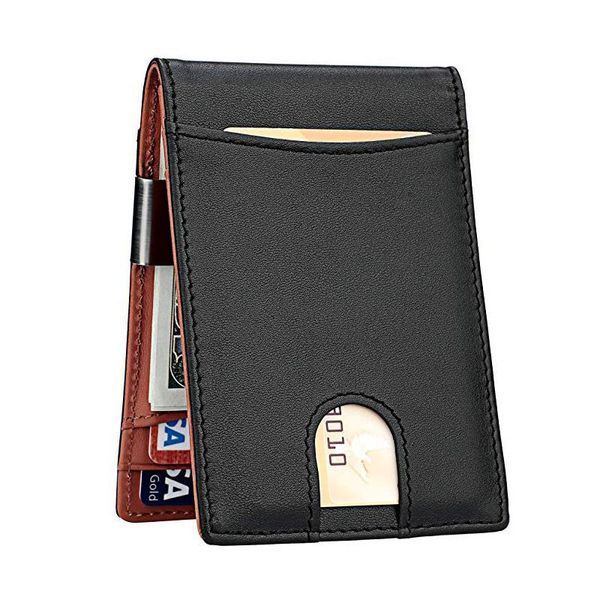 

genuine leather slim wallet rfid blocking ultra thin money clip men short mini wolfdeer, Red;black