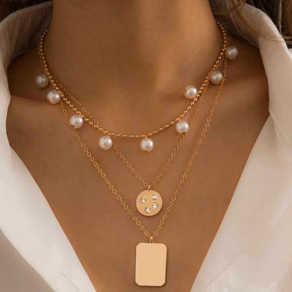 

pendant necklaces ingemark boho layered imitation pearl necklace for women coin rectangle pendants geometric chokers colar jewelry gifts, Silver