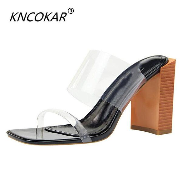 

slippers kncokar fashionable female cool slipper wood grain follows coarse heel square head to show toe transparent one word, Black