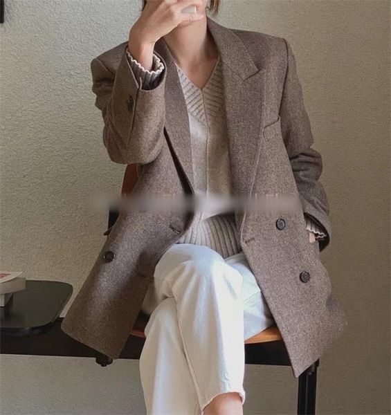 

women's suits & blazers 2021fw autumn women high qualtiy wool double breasted jacket blazer female chic luxury outerwear coat 2 color d, White;black