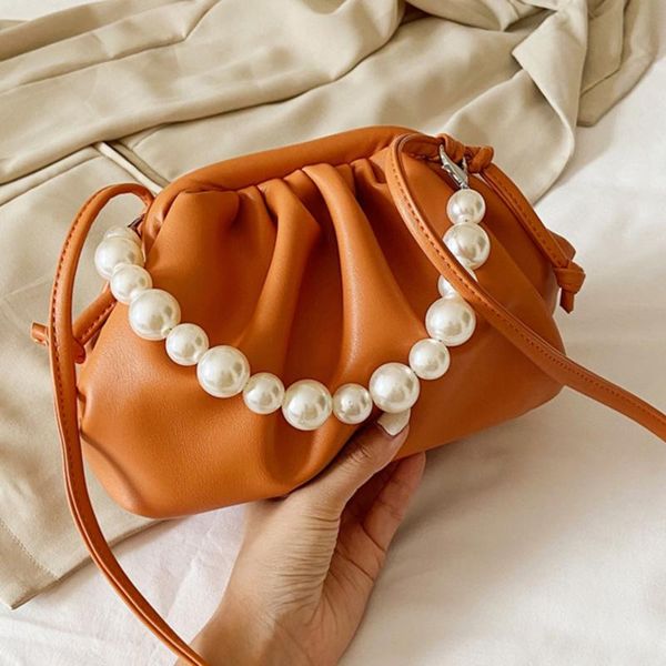 

evening bags ladies shoulder bag pearl chain pu leather fashion solid color drawstring handbag female crossbody