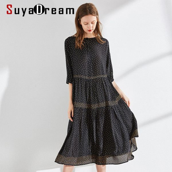 

suyadream polka dot women dress 100%real silk a-line round collar long dress 2021 summer elegant silk dress vestidos, Black;gray
