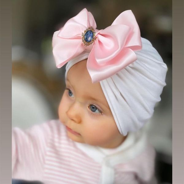 

beanies baby nylon headbands cap big bow born girl diamond hair accessories toddler band headwear solid color turban hat