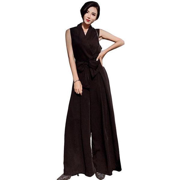 

women's jumpsuits & rompers women v-neck elegant ladies black party wide leg casual office lady bow belt playsuits, Black;white