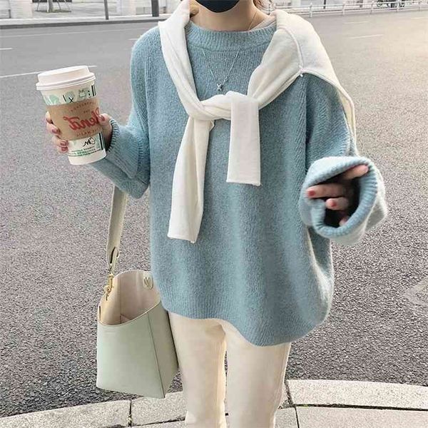 

purple sweater female lazy looser o-neck sweaters winter outside the base coat to wear 210416, White;black