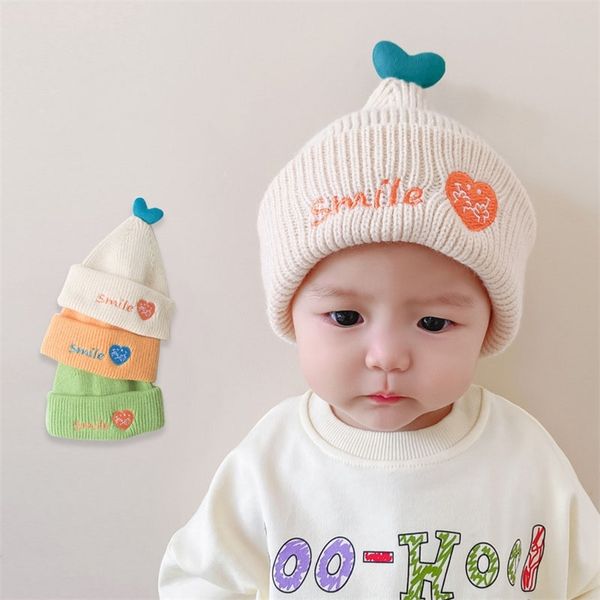 

candy color baby hat cute heart children cap warm autumn winter hats for kids boys girls knitted warmer beanie caps muts 220105, Yellow