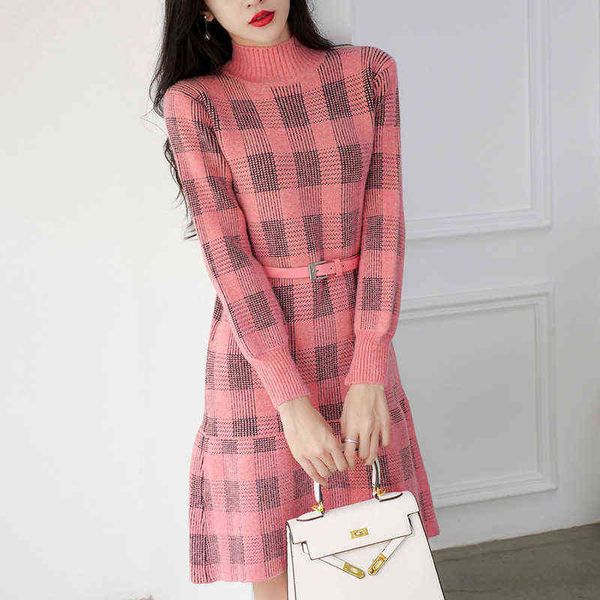 

casual dresses fashion plaid knitted dresses 2022 autumn winter temperament pullover semi high neck sweater skirt korean women's wear, Black;gray