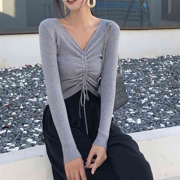 

lace up knitting pullover fashion autumn winter sweater women chic pink v-neck knit slim jumper pull femme 210922, White;black