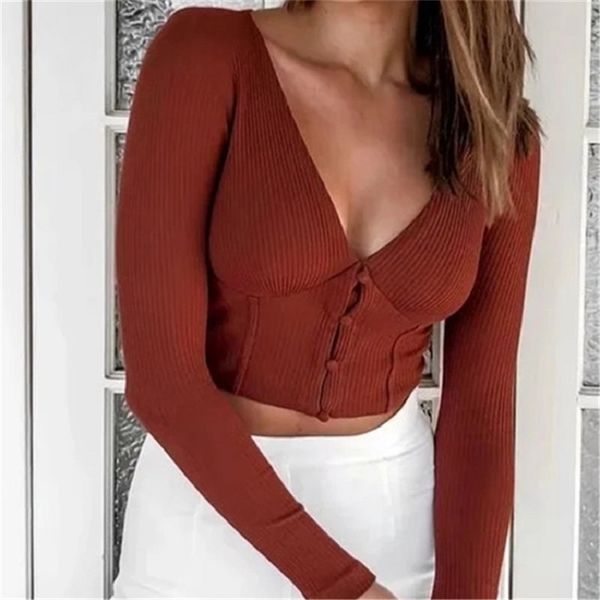 

streetwear three-dimensional stitching v-neck long-sleeved t-shirt for womens autumn short buckle t-shirt 210508, White
