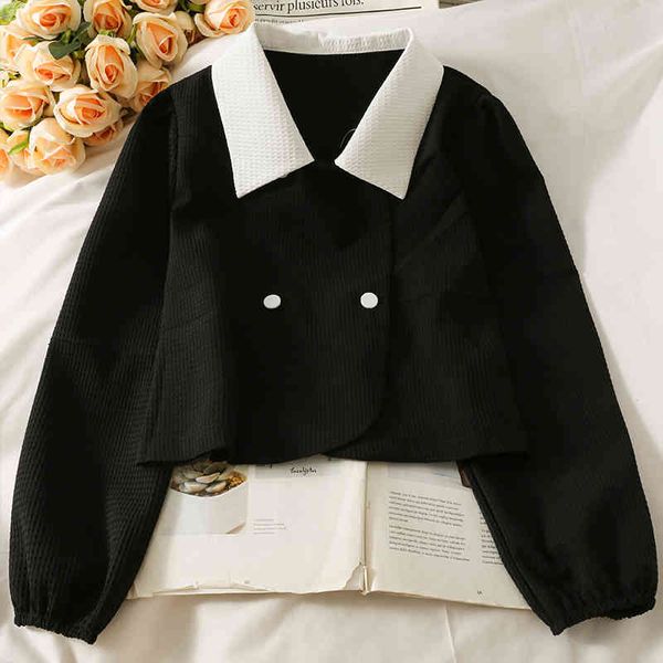 

early autumn women blouse french retro contrast patchwork turn-down collar puff sleeve short shirt outwear casual top, White
