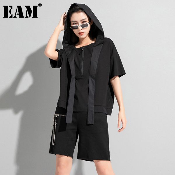 

[eam] women black white big size casual zipper ribbon t-shirt hooded half sleeve fashion spring summer 1dd8084 210512