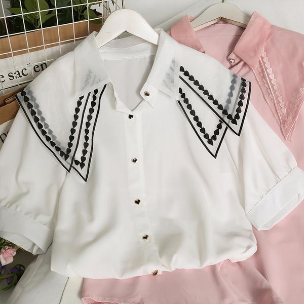 

women's blouses & shirts vintage french style heart embroidery blouse women short sleeve mesh patchwork harajuku cardigan female chic, White