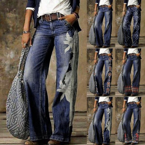 

harajuku casual jeans for women flower print blue denim long trousers fashion high waist pants streetwear flares#45 women's & capris, Black;white