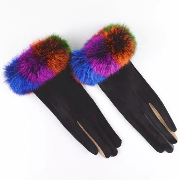 

fingerless gloves luxury women winter mix color fur full finger touch screen suede leather elegant ladies mittens luav, Blue;gray