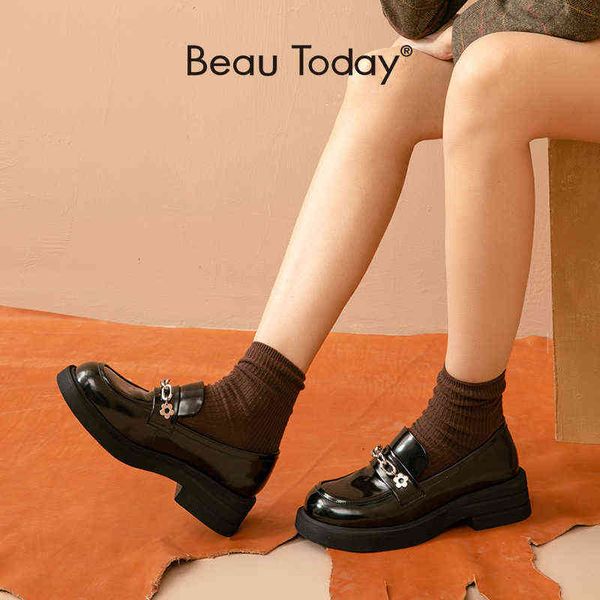 

dress shoes beautoday platform loafers women glazed cow leather metal chain flower decor round toe slip on ladies flat shoe handmade 27700 2, Black