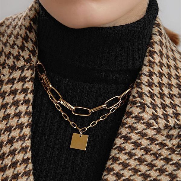 

pendant necklaces u-magical hiphop double layers chunky chain square necklace for women punk hollow link gold color metal jewelry, Silver